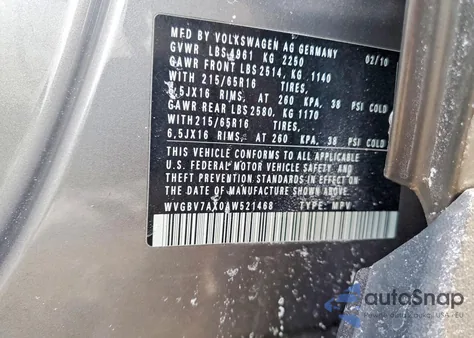 2010 Volkswagen Tiguan Se z USA, uszkodzony, nr VIN WVGBV7AX0AW521468